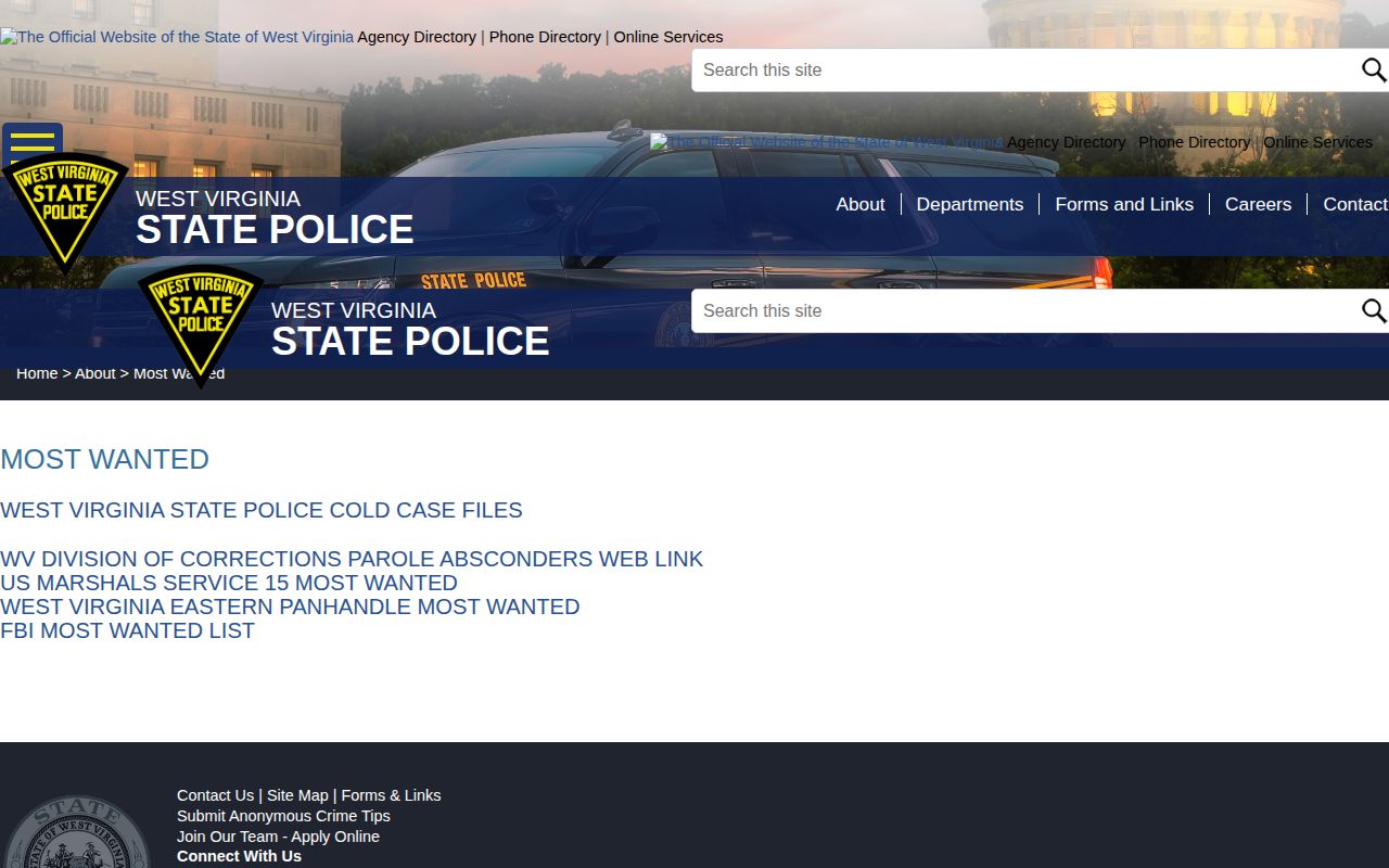 West Virginia State Police most wanted resource for Braxton County warrant verification