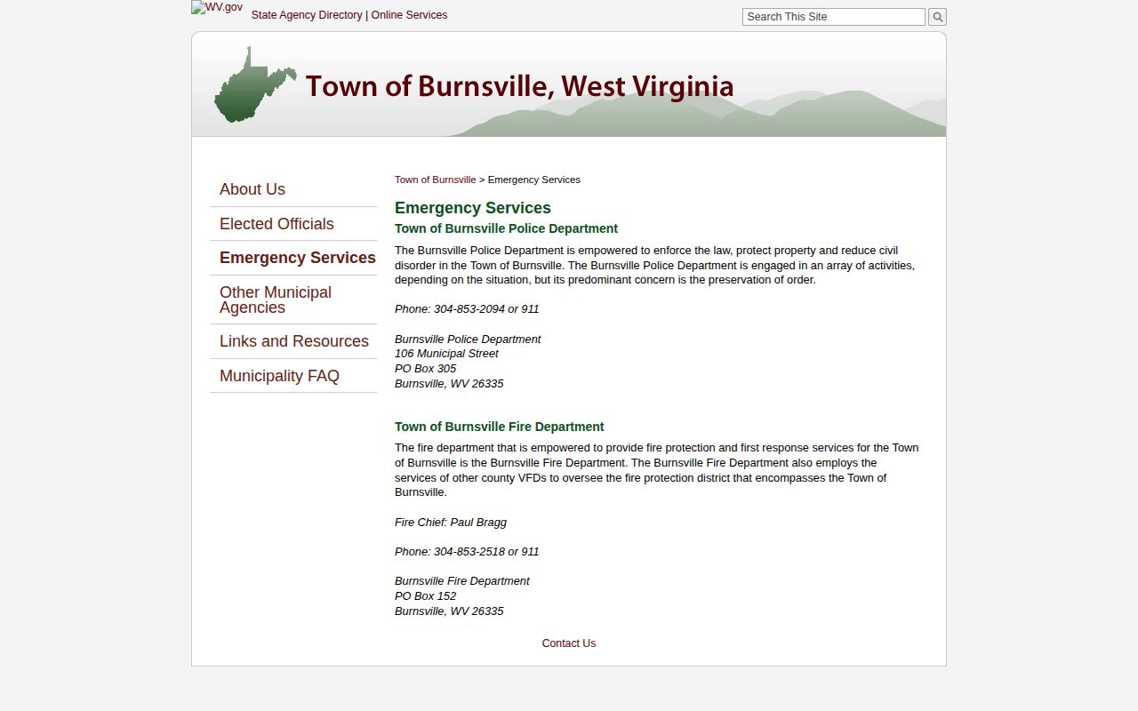 Braxton County Burnsville Police Department arrest-record contact listing